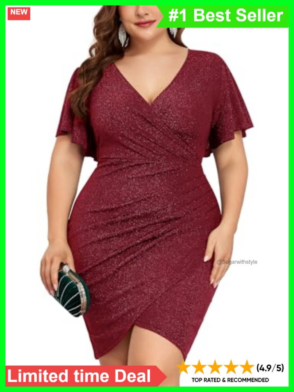 Plus Size Glitter Ruched Bodycon Mini Dress Sequin Wrap Ruffle Sleeve